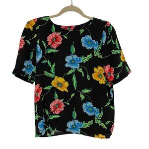 Vintage Silk Studio by Claude‎ Bennett 100% Silk Top Womens Size 8P Black Floral